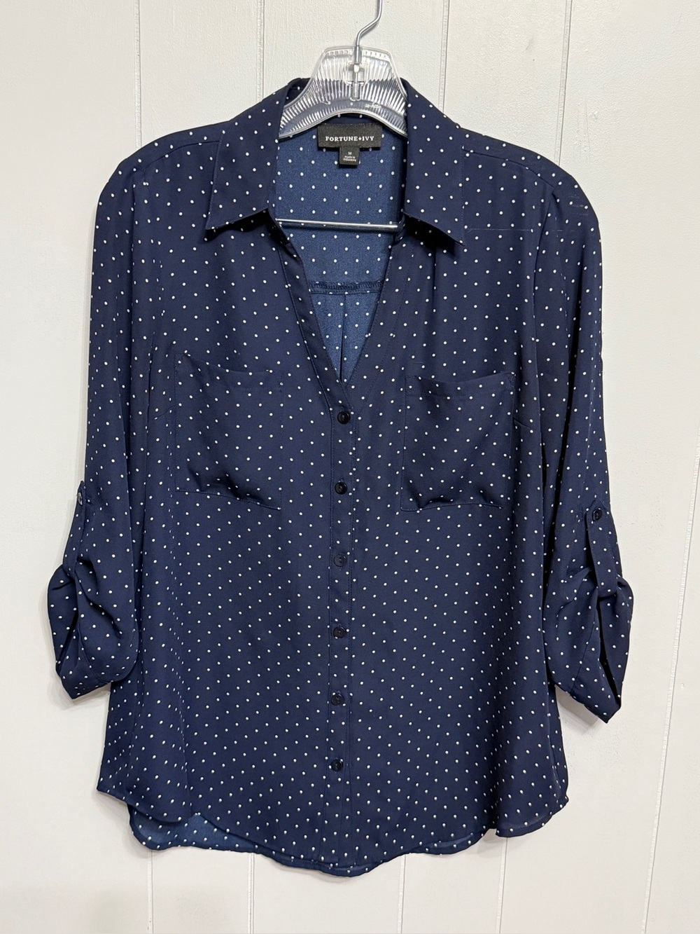 #21)  Navy Polka Dot Button-Up blouse